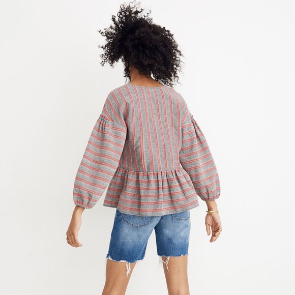 MADEWELL Striped Bubble-Sleeve Peplum Top Gray Red {G14} - Picture 2 of 7